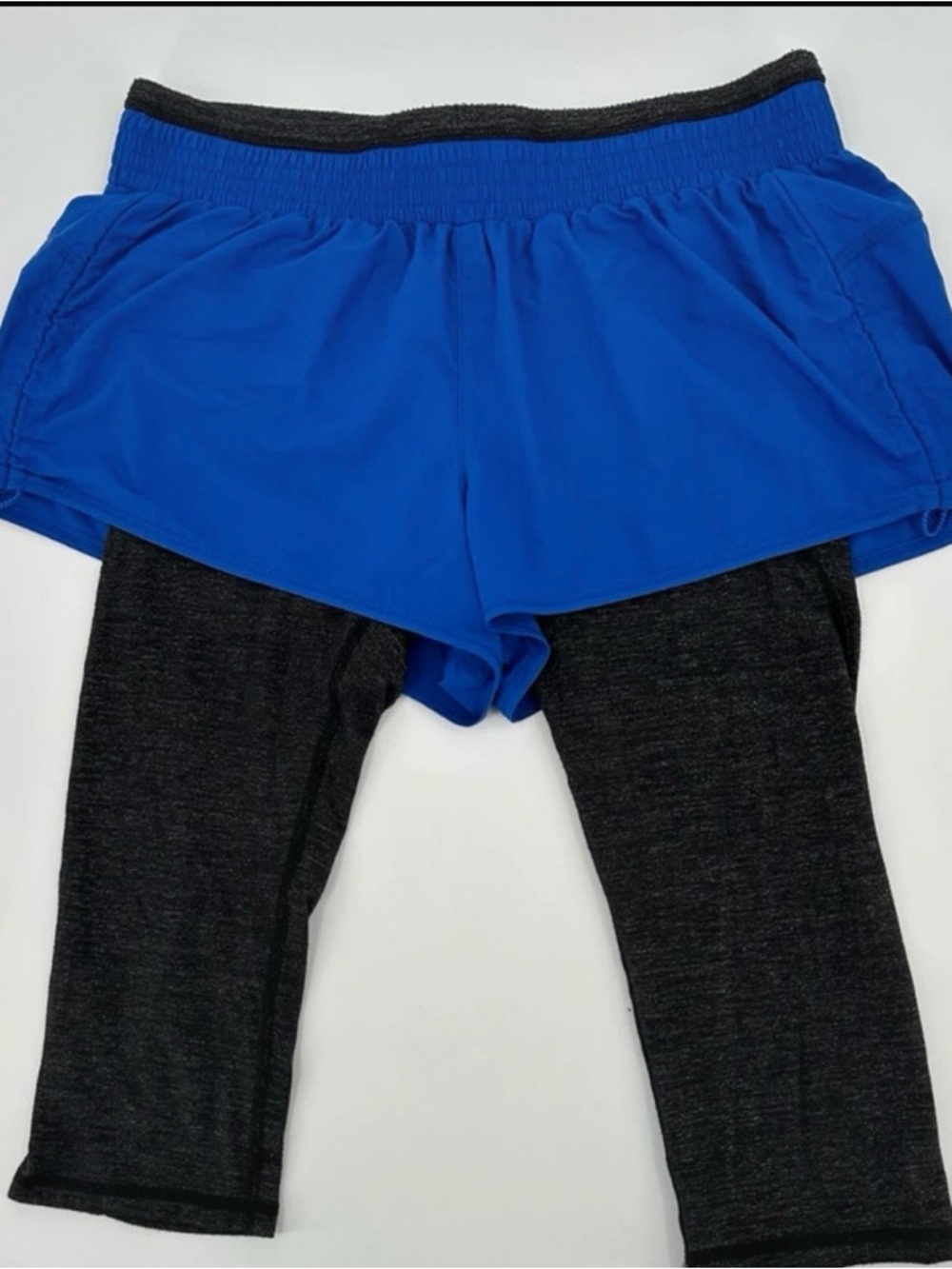 Athleta Blue shorts with Black Leggings